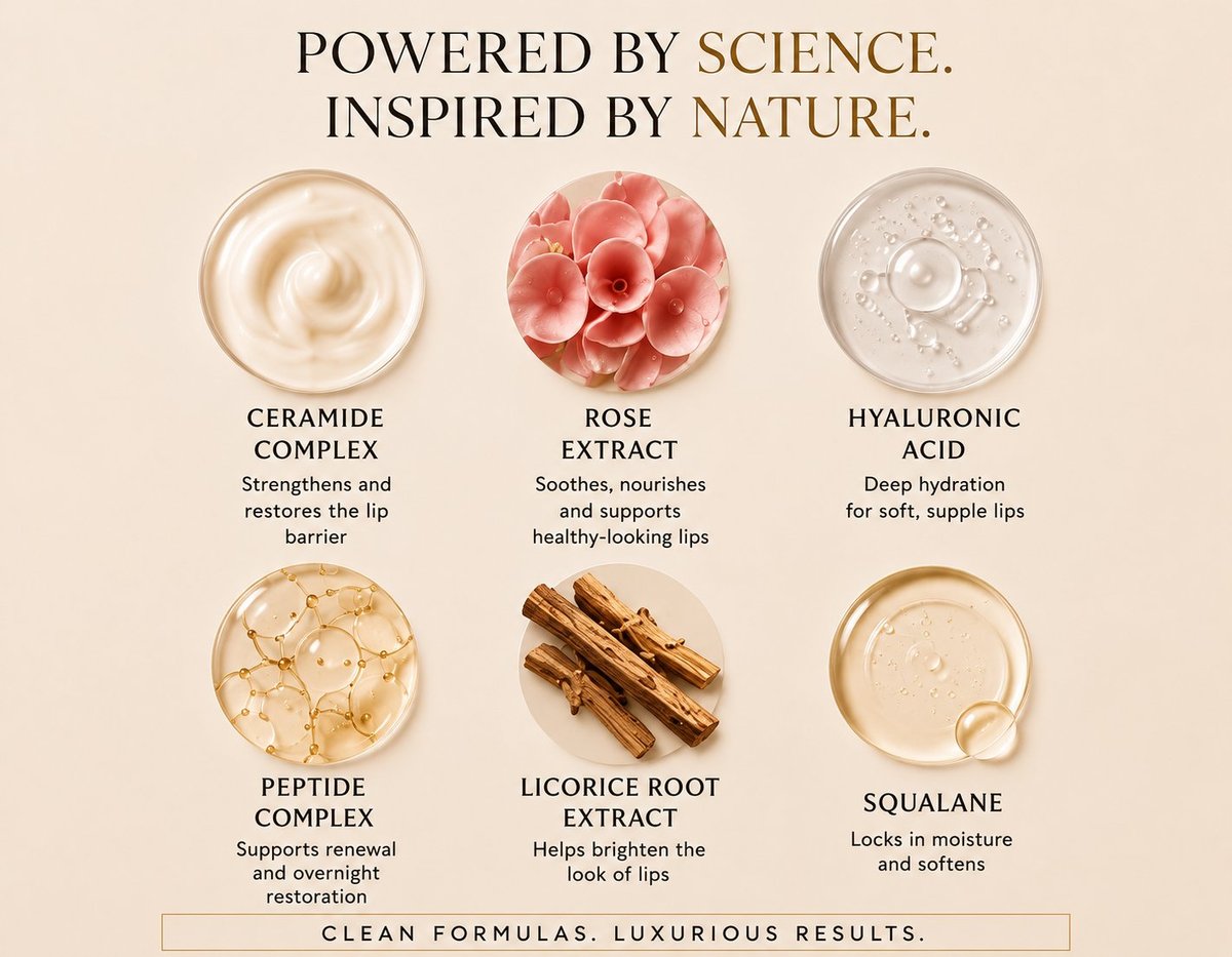 Cosmetic ingredients infographic showing ceramide, rose extract, hyaluronic acid, peptide complex, licorice root extract, and squalane with benefits for lip care