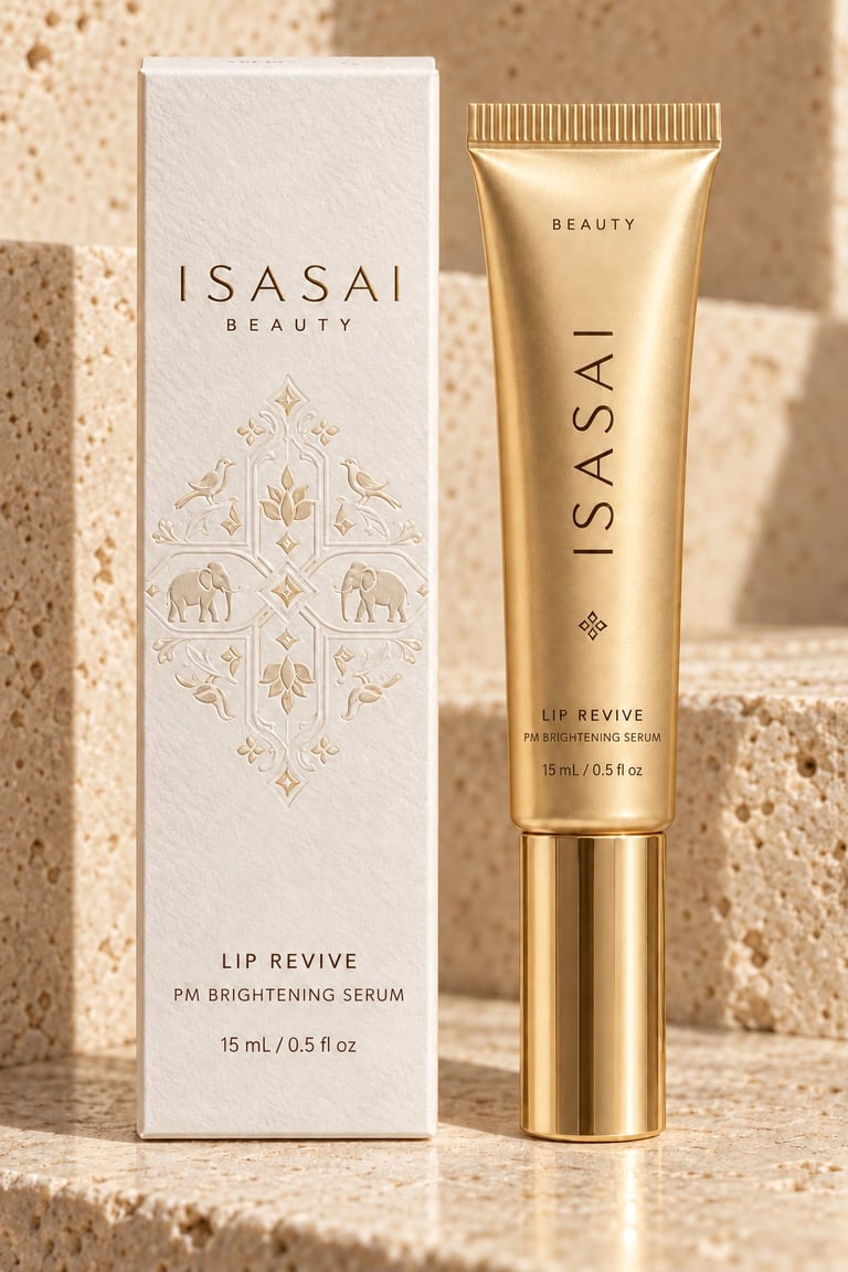 ISASAI Beauty Lip Revive PM Brightening Serum in gold tube next to white product box on textured background