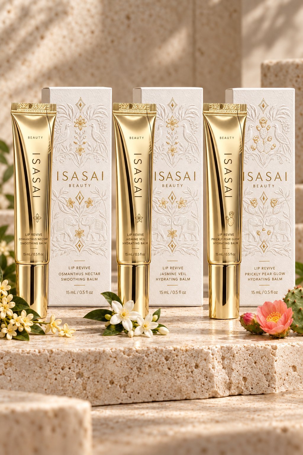 Three ISASAI beauty lip revive tubes with gold packaging displayed on stone surface surrounded by flowers