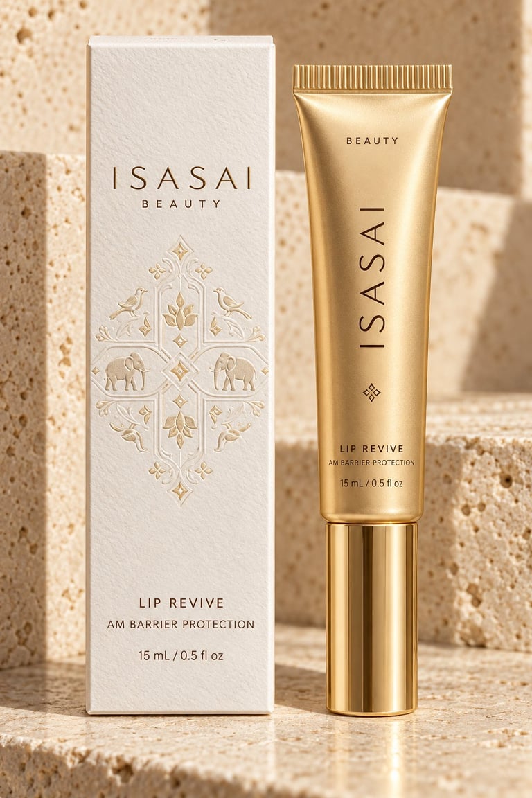 ISASAI Beauty Lip Revive AM Barrier Protection 15ml gold tube next to cream-colored packaging box with ornamental design