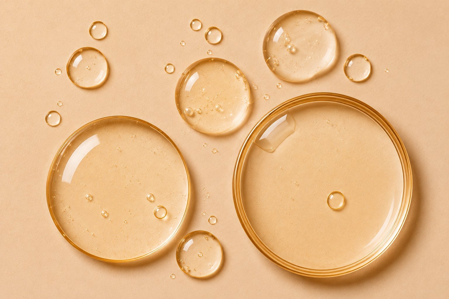 Golden liquid bubbles and droplets of varying sizes on a beige background, showcasing transparent spheres with reflective surfaces