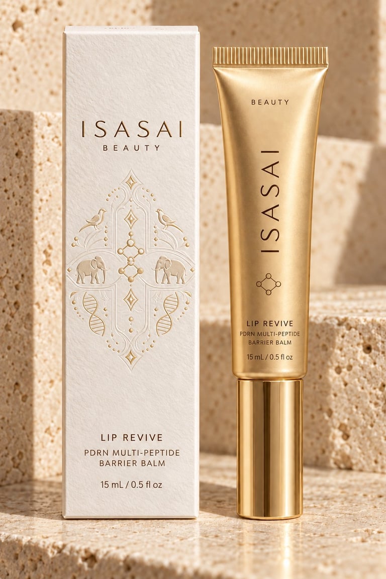ISASAI Beauty Lip Revive with multi-peptide barrier balm in gold tube and cream box packaging