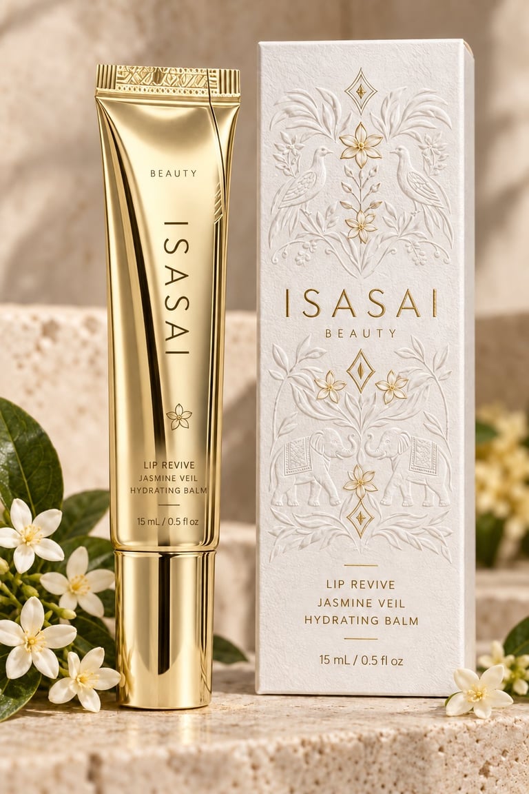 ISASAI Beauty lip revive jasmine veil hydrating balm in gold tube with white decorative box, surrounded by jasmine flowers
