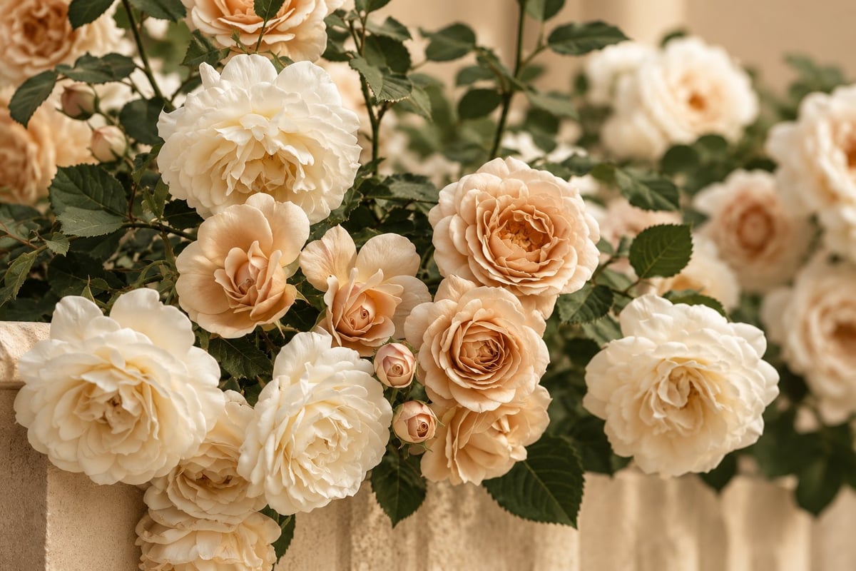 Bouquet of cream and peach garden roses with green foliage in a vase against a neutral beige background