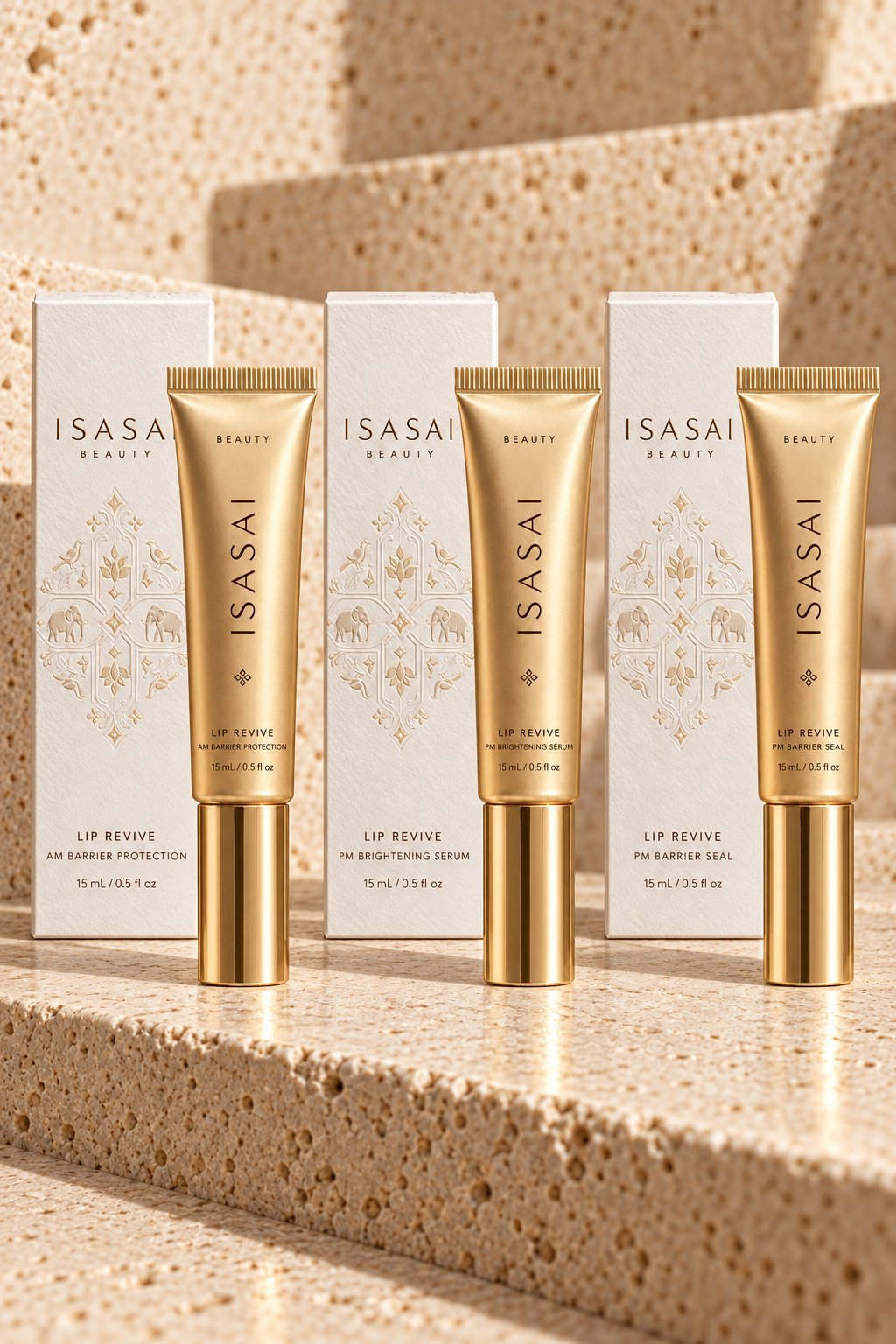 Three ISASAI Beauty Lip Revive tubes with white boxes arranged on a beige textured surface with geometric shadows