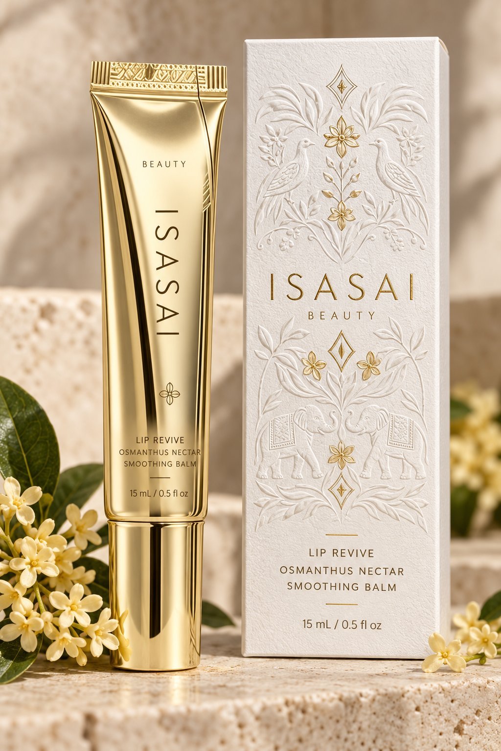 ISASAI Beauty Lip Revive Osmanthus Nectar Smoothing Balm in gold tube with white decorative box and flowers