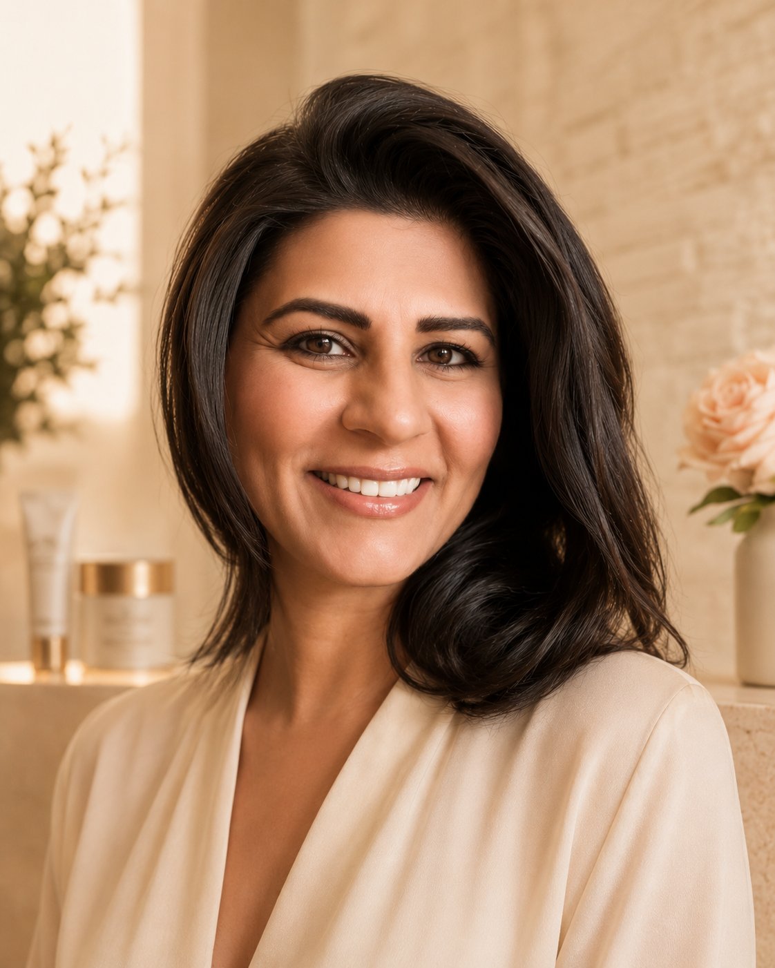 Professional headshot of a smiling woman with dark shoulder-length hair wearing a beige blazer, photographed in front of a neutral beige background with flowers