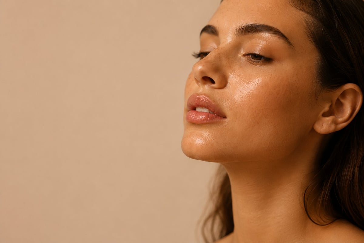 Close-up profile of a woman with glowing skin and subtle makeup against a neutral beige background