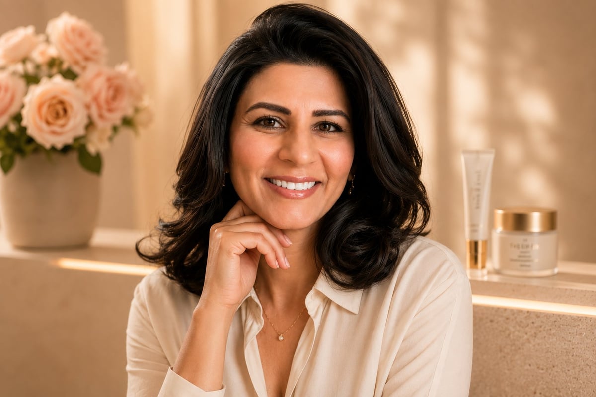 Woman with long dark wavy hair smiling at camera in beige blouse with hand near face, skincare products and pink flowers visible in background