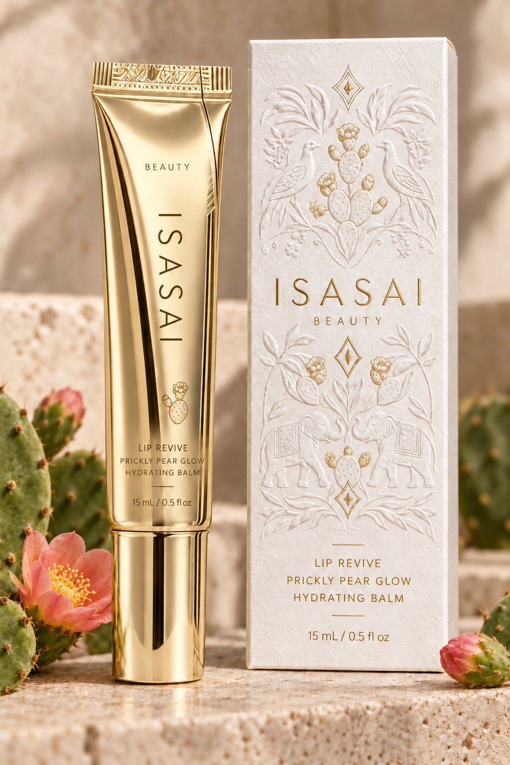 ISASAI Beauty Lip Revive Prickly Pear Glow Hydrating Balm in gold tube with white decorative box, displayed with flowering cactus