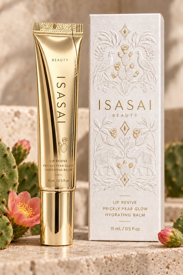 ISASAI Beauty Lip Revive Prickly Pear Glow Hydrating Balm in gold tube with white decorative box, displayed with flowering cactus